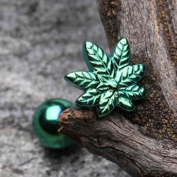 Detail View 1 of Colorline PVD Pot Leaf Top Steel Barbell Tongue Ring-Green